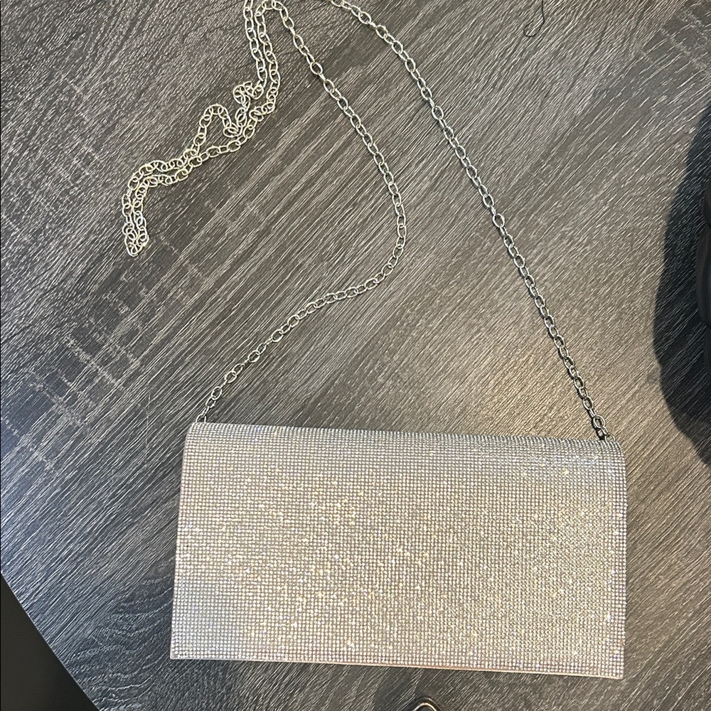 David's Bridal Silver Crystal Evening Clutch with Chain